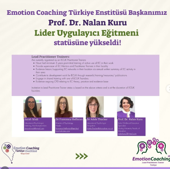 Emotion Coaching Türkiye Enstitüsü Başkanımız Prof. Dr. Nalan KURU Lider Uygulayıcı Eğitmeni Statüsüne Yükseldi