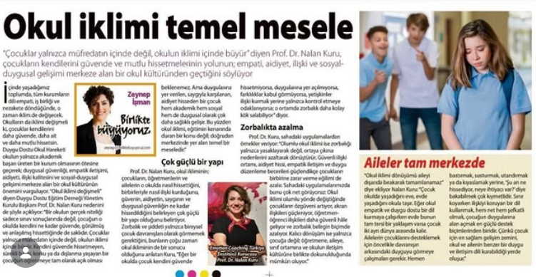 Enstitü Yönetim Kurulu Başkanımız Prof. Dr. Nalan Kuru, okul iklimi hakkında Zeynep İşman’a, Milliyet Pazar’a konuştu
