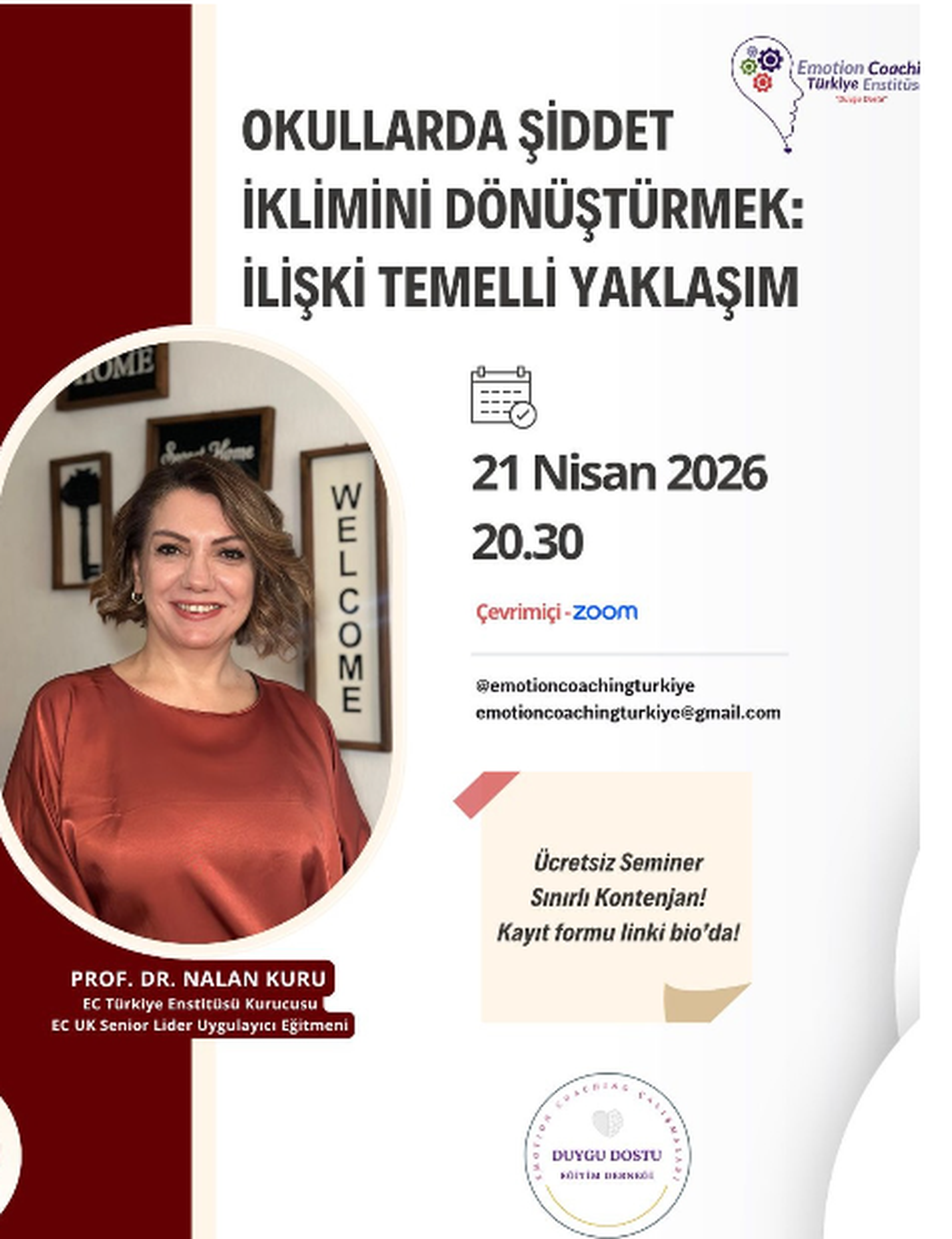Okullarda Şiddet İklimini Dönüştürmek: İlişki Temelli Yaklaşım Seminerine Tüm Öğretmen, Ebeveyn ve Tüm Bireyleri Bu Konuda Konuşmaya, Seminere Davet Ediyoruz